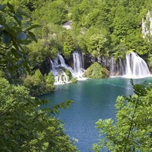 View from hillside path to falls at the head of Milanovac Lake, Plitvice Lakes National Park