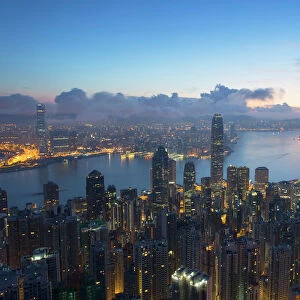 View of Hong Kong Island skyline at dawn, Hong Kong, China, Asia