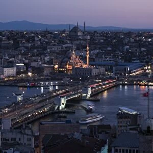 View over Istanbul skyline from The Galata Tower at night, Beyoglu, Istanbul, Turkey