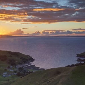 View of Kirita Bay and Firth of Thames at sunset, Coromandel Peninsula, Waikato, North Island, New Zealand, Pacific
