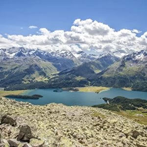 Top view of Lake Sils with snowy peaks in background, Engadine, Canton of Grisons (Graubunden)