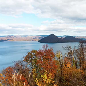 View from above onto Lake Toya and the island inside the crater, in autumn, Abuta, Hokkaido, Japan, Asia
