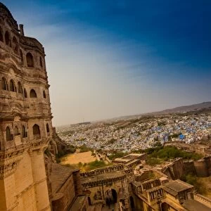 The view from the main courtyard of Mehrangarh Fort towering over the blue rooftops in Jodhpur