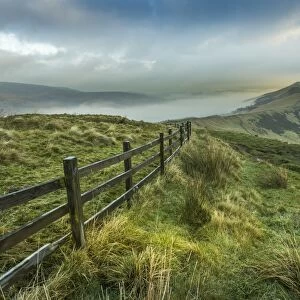 View from Mam Tor of fog in Hope Valley at sunrise, Castleton, Peak District National Park
