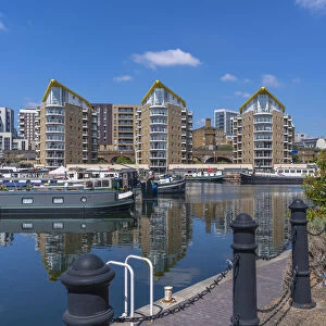 View of the marina at the Limehouse Basin, Tower Hamlets, London, England, United Kingdom