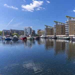 View of the marina at the Limehouse Basin, Tower Hamlets, London, England, United Kingdom