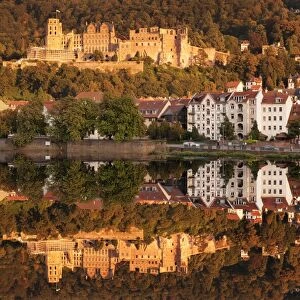 View over the Neckar River to the castle at sunset, Heidelberg, Baden-Wurttemberg