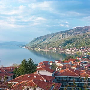 View over the Ohrid Lake and a little village, Macedonia, Europe