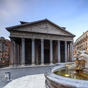View of old Pantheon a circular building with a portico of granite Corinthian columns and fountains