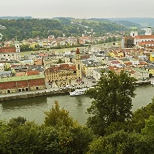 View of Passau with rivers Danube and Inn, Bavaria, Germany, Europe