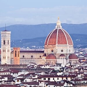 The view from Piazzale Michelangelo over to the historic city of Florence with the dome of Basilica di Santa Maria del Fiore (Duomo) lit up, Florence, UNESCO World Heritage Site, Tuscany, Italy, Europe