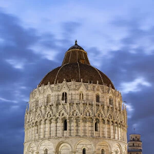 Front view of Pisa Baptistery of St. John at dusk, Piazza dei Miracoli (Piazza del Duomo)