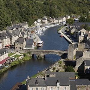 View over the port and River Rance with the Pont Gothique, Dinan, Cotes d Armor, Brittany