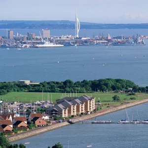 View from Portsdown Hill towards city and Spinnaker Towr, Portsmouth, Hampshire