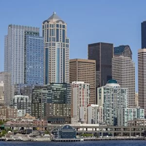 A view from Puget Sound of the downtown area of the seaport city of Seattle, King County
