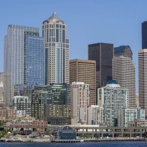 A view from Puget Sound of the downtown area of the seaport city of Seattle, King County