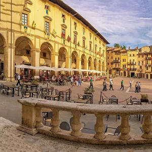 View of restaurants in Piazza Grande, Arezzo, Province of Arezzo, Tuscany, Italy, Europe