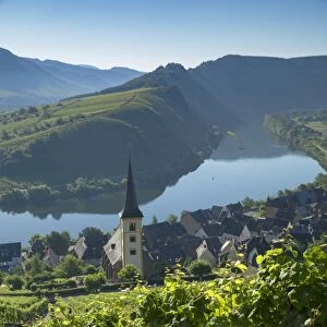 View of River Moselle and St. Lawrences Church, Bremm, Rhineland-Palatinate, Germany