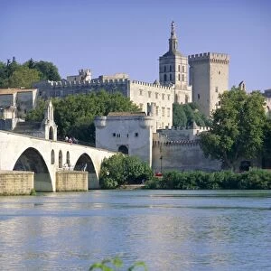 View across River Rhone to bridge and Papal Palace, Avignon, UNESCO World Heritage Site