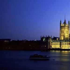 View across the River Thames at night to Big Ben and the Houses of Parliament