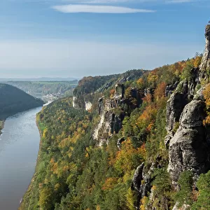 A view of a rocky outcrop with the Elbe River down below in Saxon Switzerland National Park, Saxony, Germany, Europe