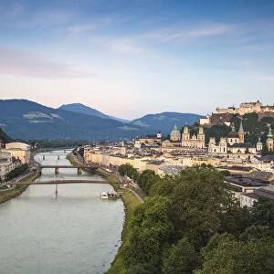 View of Salzach River and Hohensalzburg Castle above The Old City, Salzburg, Austria