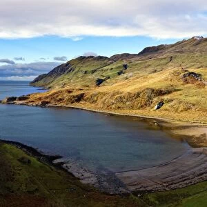 View of the sandy bay Camas nan Geall Sgeir Fhada along the coast and shoreline of Loch Sunart