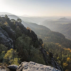 View from Schrammsteine Rocks to Elbtal Valley, Elbsandstein Mountains, Saxony Switzerland