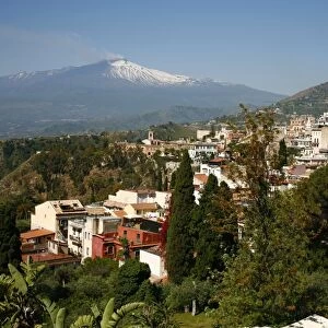 View over Taormina and Mount Etna, Sicily, Italy, Europe