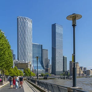 View of Thames Path and Canary Wharf, Limehouse, London, England, United Kingdom, Europe