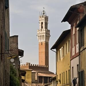 View of the Torre del Mangia and old streets in Siena, Tuscany, Italy, Europe