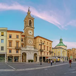 View of Torre dell'Orologio in Piazza Tre Martiri, Rimini, Emilia-Romagna, Italy, Europe