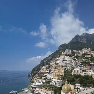 View of town and beach, Positano, Amalfi Coast (Costiera Amalfitana), UNESCO World Heritage Site