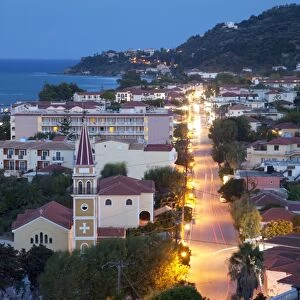 View over town at dusk, Argassi, Zante, Ionian Islands, Greek Islands, Greece, Europe