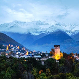 View of the typical Svaneti towers at blue hour in Mestia, Samegrelo-Upper Svaneti