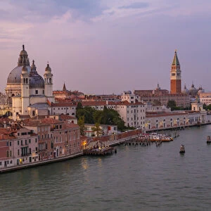 View of Venice skyline from cruise ship at dusk, Venice, UNESCO World Heritage Site