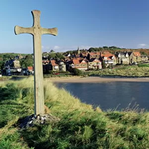 View of the village of Alnmouth with River Aln flowing into the North Sea