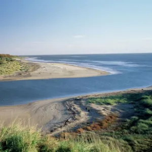 View of the village of Alnmouth with River Aln flowing into the North Sea