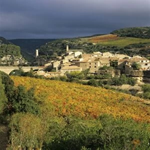 View over village and Minervois vineyards, Minerve, Languedoc-Roussillon, France, Europe