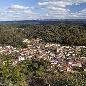 View over village and Sierra de Aracena from the Pena de Arias Montano, Alajar, Huelva, Andalucia, Spain, Europe