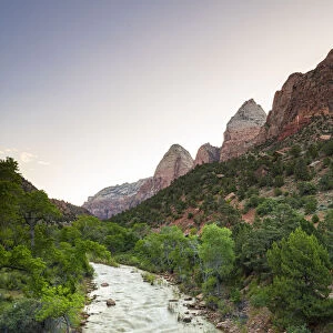 View down the Virgin River to the Watchman, Zion National Park, Utah, United States