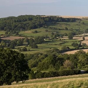View over Wadfield farm and Cotswold farmland in summer, Winchcombe, Cotswolds, Gloucestershire