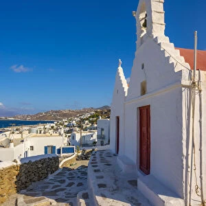 View of whitewashed chapel overlooking town, Mykonos Town, Mykonos, Cyclades Islands