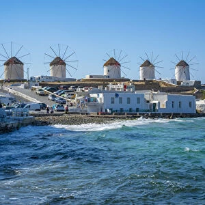 View of the windmills in Mykonos Town, Mykonos, Cyclades Islands, Greek Islands