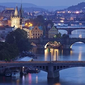 Vltava River with the bridges, Charles Bridge and the Old Town Bridge Tower, UNESCO World Heritage Site, Prague, Bohemia, Czech Republic, Europe