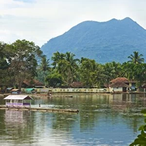 Volcanic cone and Situ Cangkuang lake by this village, known for its Hindu temple, Kampung Pulo, Garut, West Java, Indonesia, Southeast Asia, Asia
