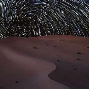 Vortex star trail in the Rub al Khali desert in Oman, Rub al Khali, Oman, Middle East