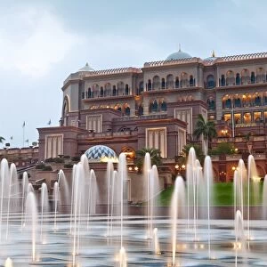 Water fountains in front of the Emirates Palace Hotel, Abu Dhabi, United Arab Emirates