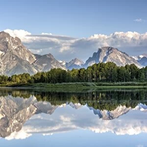 Water reflection of Mount Moran, taken from Oxbow Bend Turnout, Grand Teton National Park, Wyoming, United States of America, North America