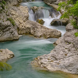 Waterfall on river Burano in summer, Apennines, Marche, Italy, Europe